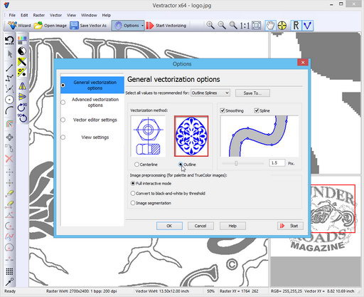 Vectorization options dialog